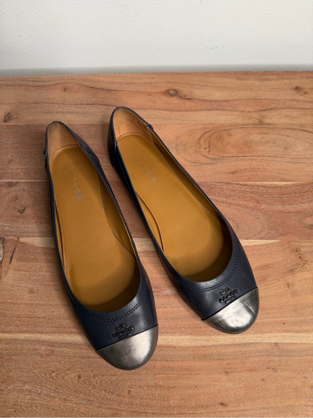 Coach Navy Leather Ballet Flats with Silver Cap-Toe